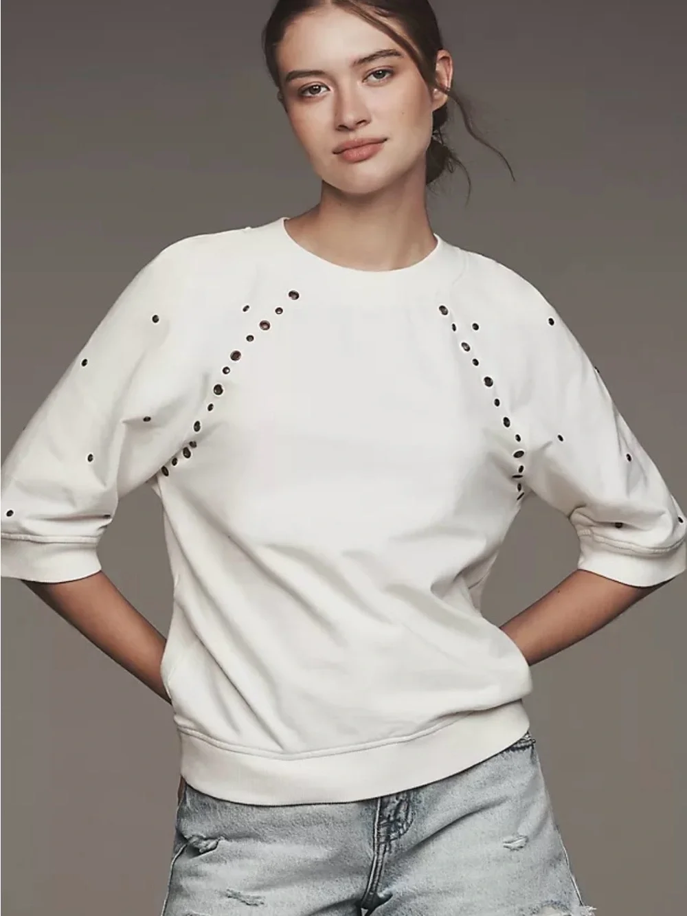 Anthropologie White Eyelet Short-Sleeve Sweatshirt 100% Cotton Size S